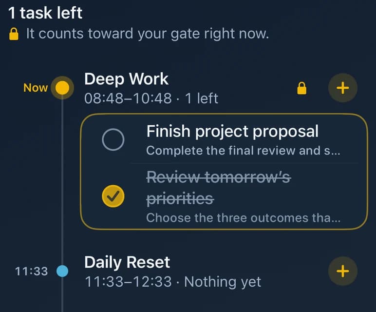 Today's plan as a timeline: Deep Work now with one task left, then Daily Reset at 11:33.