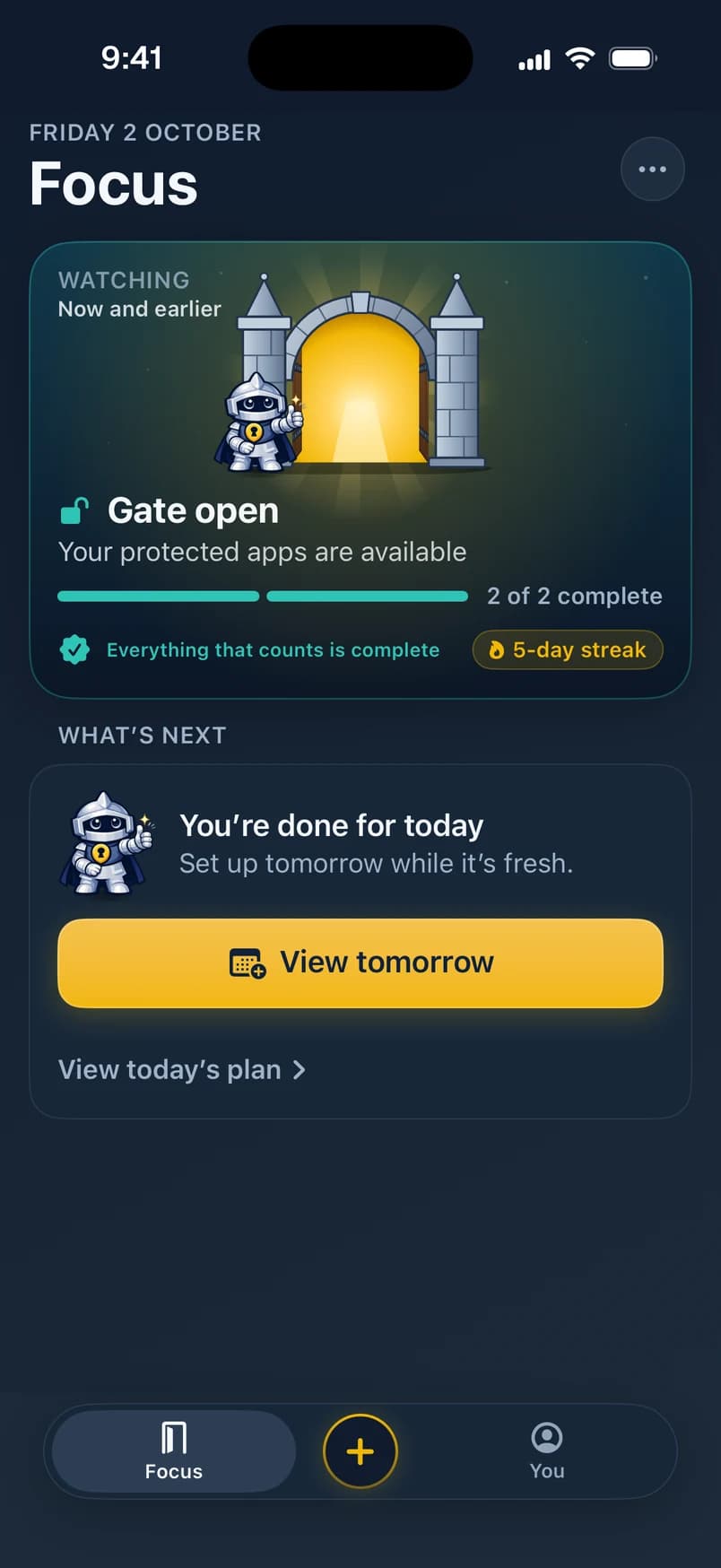FocusGate after: Gate open, your protected apps are available, 2 of 2 complete.